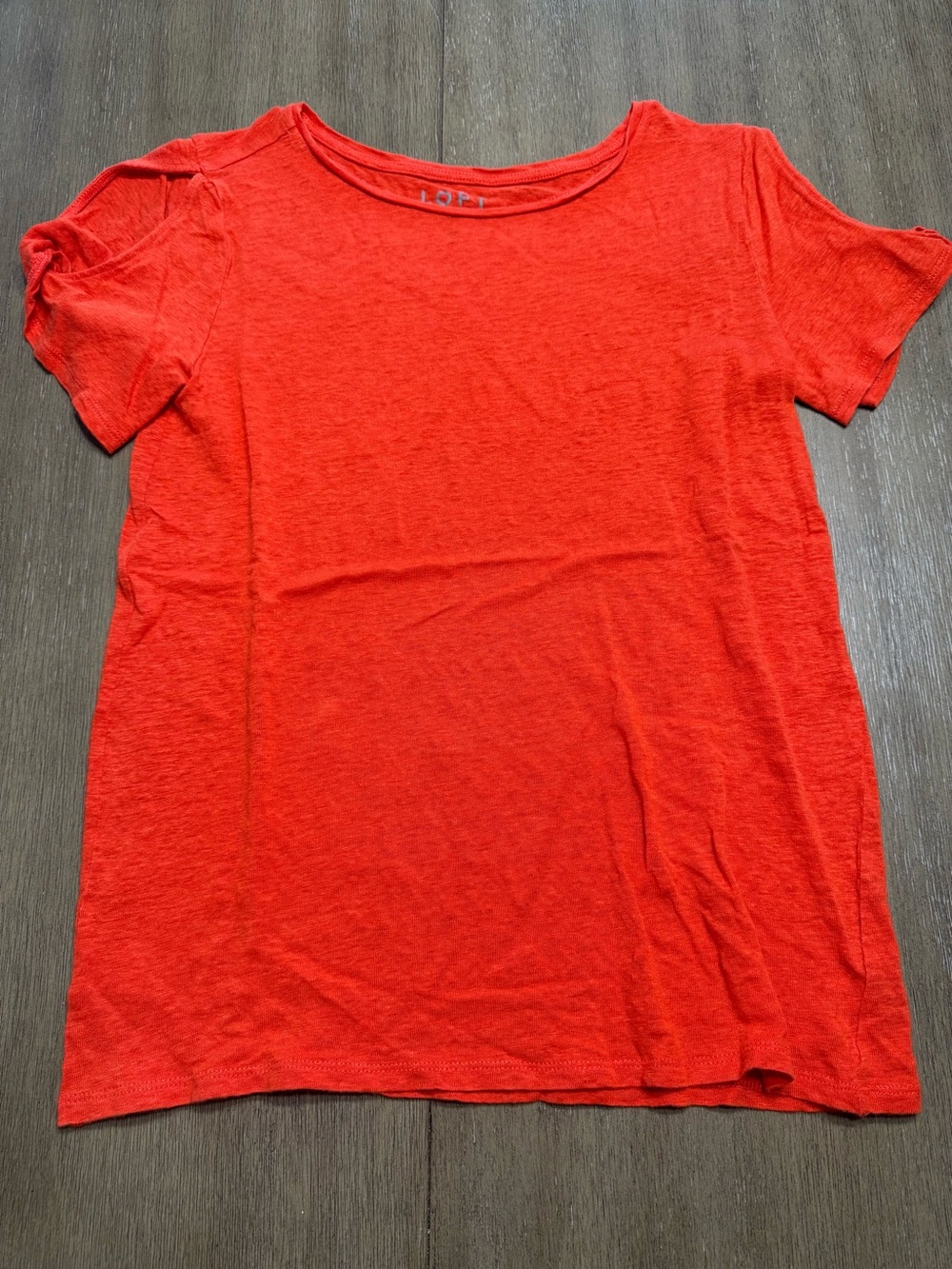 LOFT Bright Red Orange Short Sleeve Crewneck Tee with Holes in the Shoulders